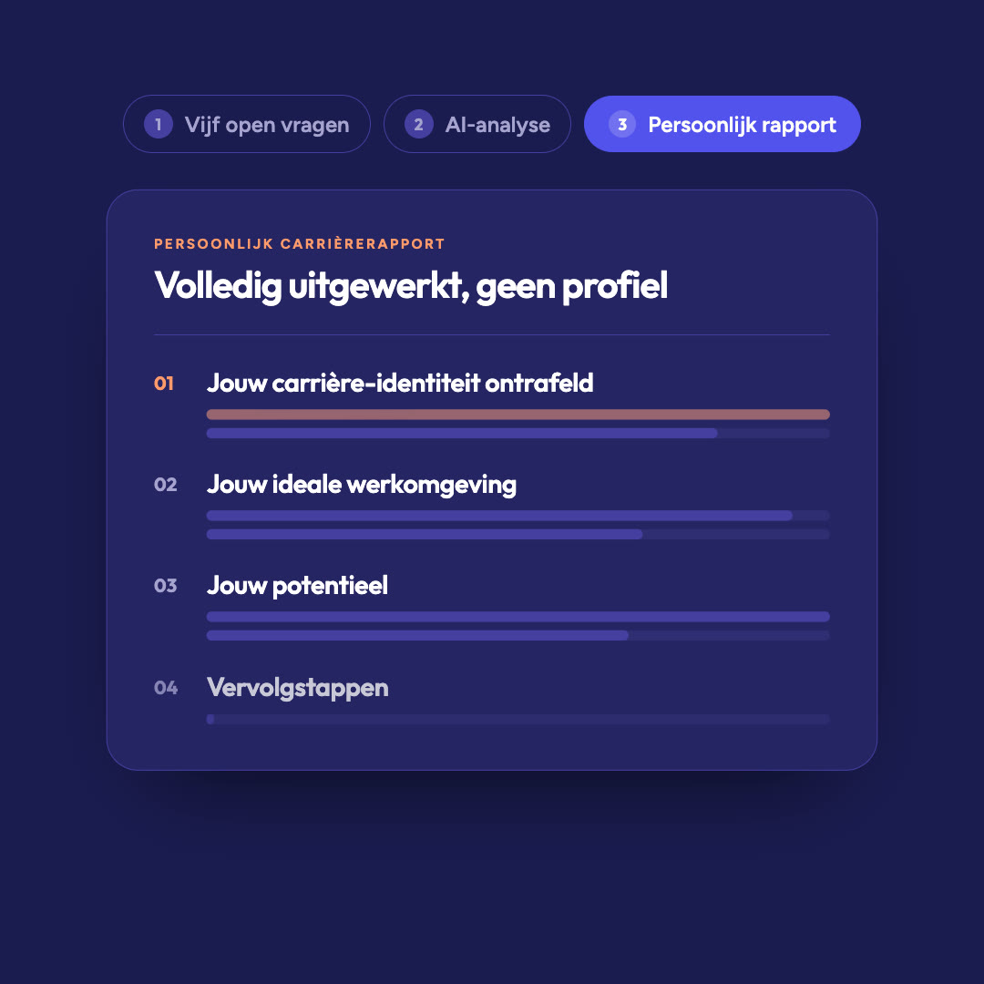 Een persoonlijk carrièrerapport van Job Trail, met hoofdstukken over carrière-identiteit, ideale werkomgeving en potentieel